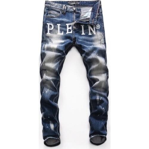 European Style Men Plein Brand Blue Jeans Mens Slim Denim Trousers Plein Skulls Jeans Straight Stretch Jeans Pants for Men 8265