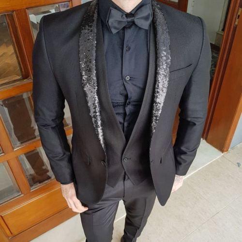 2019 Latest Design Custom Mens Black Suit Shiny Beads Slim Fit Groom Wedding Dress Tuxedo 3 Pieces (Jacket+Pants+Vest