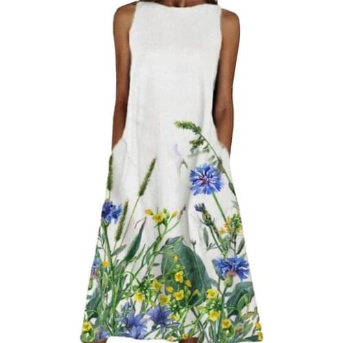 Spring/Summer Women Dress Floral Print Sleeveless Pockets Large Hem Loose Midi Dress for Work Women Casual Dresses Ladies