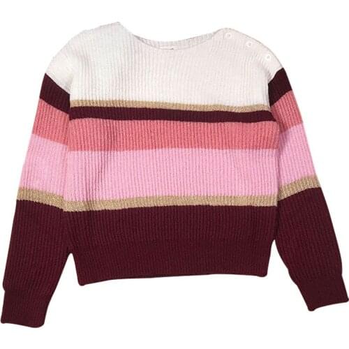 Bean Paste Powder Striped Loose Neck Button Sweater Top Sweaters for Women