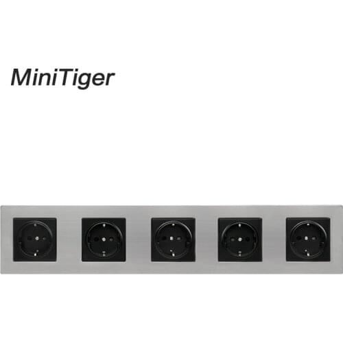 Minitiger Stainless Steel Panel 5 Gang Wall Socket 16A EU Russia Spain Electrical Outlet Silver Black Child Protective Door