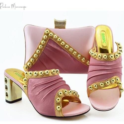 Pink Top Selling Woman Italian Open toe Shoes And Purse Set African Style Square Heels Sandals Shoes And Bag For Wedding