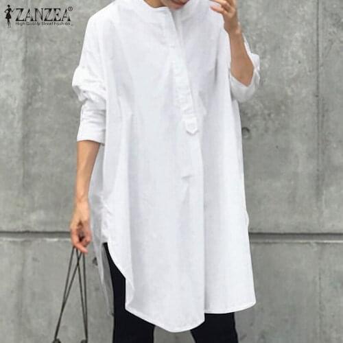 ZANZEA Women Loose Vintage Ladies Blouse Casual Full Sleeve Split OL Work Long Shirt Elegant Solid Top Stylish Plus Size Chemise