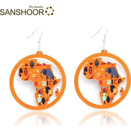 SANSHOOR 6cm Printed African Map Wooden Earrings Afrocentric Ethnic Women Earrings Jewelry 1Pair