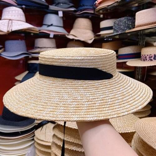 New Summer Wide Brim Boater Hat Brim Straw Hat Flat Women Kentucky Derby Hat Black Ribbon Tie Sun Hat Beach Cap Bonnet Enfant