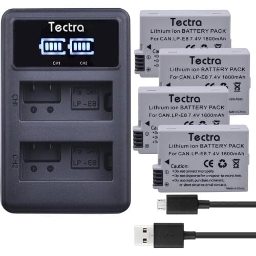 Tectra 4x 1800mAh LP-E8 LPE8 LP E8 Li-ion Camera Bateria + LED Display USB Dual Charger For Canon EOS 550D 600D 650D 700D
