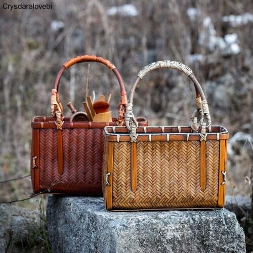 Japanese-style Bamboo Woven Storage Bags Handmade Retro Basket Chinese Style Teacup Teapot Bags Travel Outdoor Tea Cozies