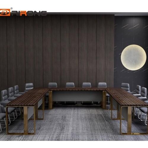 U shape Dark Brown Cream Wooden Office Furniture Gold Steel Conference Table Meeting Table Set For 16 People