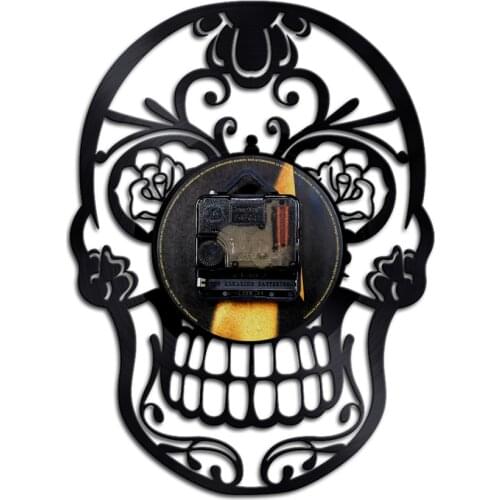 Vinyl Wall Clock, Retro Nostalgic Flower Skull Head Clock Wall Art Decoration, 12 Inch, Gift for Man Women Kids Gifts