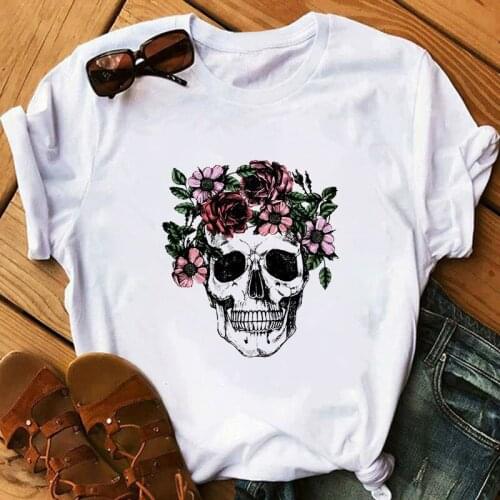 Womens T-shirt Harajuku Skull Punk T-shirt Women Fashion Short-sleeved Graphic T-shirt Tops 90s Retro Clothing