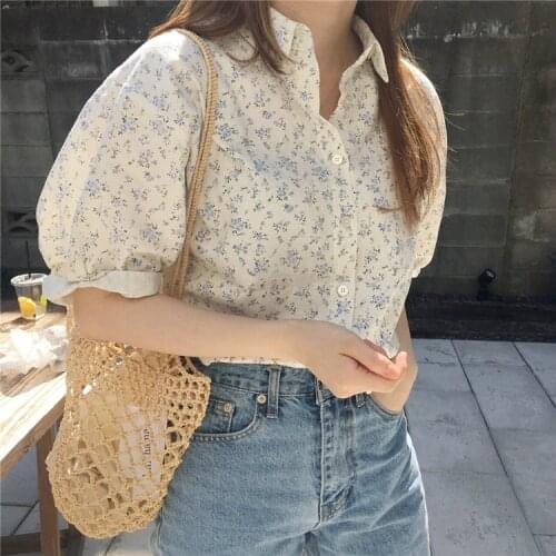 Lamtrip Chic Floral Single-Breasted Puff Sleeve Shirt Blouse Female 2021 Summer