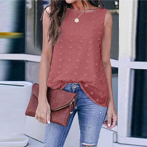 40# Womens Chiffon Sleeveless Blouse Shirts Elegant Polka Dot Round Neck Shirt Tops Office Lady Tunic Womens Clothing 2021
