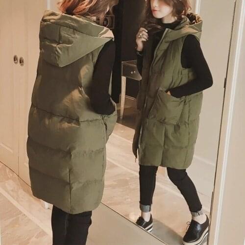 QingWen Women Korean Loose Mid-length Coat Thickening Waistcoat Trend Hooded Down Cotton Vest Parkas Jacket Chalecos Para Mujer