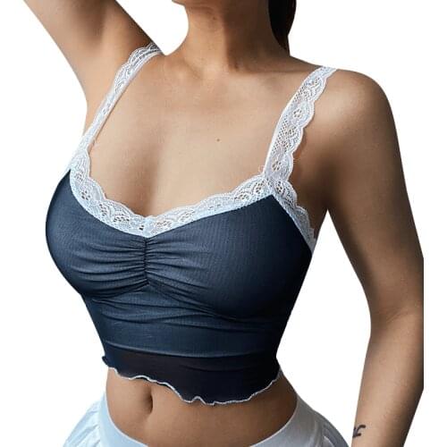 Women Lace Strap Sleeveless Camisole Sexy Ruched Front Color Block Crop Tank Tops for Summer
