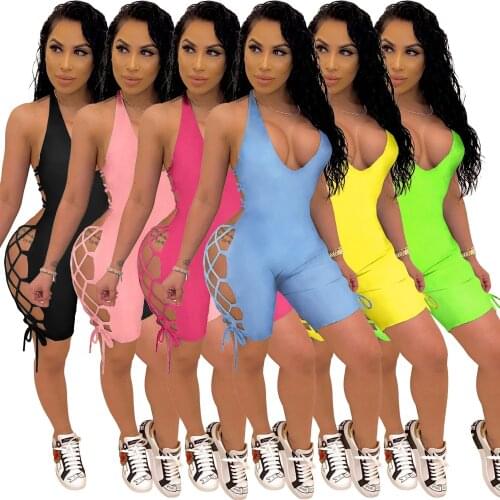 Women Sexy V-neck halterJumpsuit Bodysuit Backless Lace Up Romper One Piece Short Bodycon Beach Playsuit Body Mujer Overalls