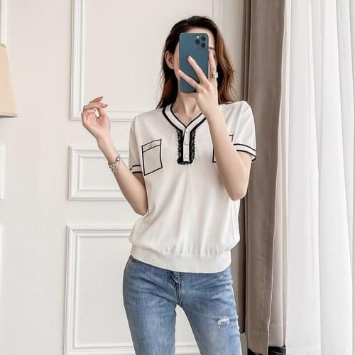 Womens Ice Silk Contrast Color Sweater Elgeant Ladies 2021 Summer French Hedging Short Sleeved Knitted Top Thin Woman T Shirts