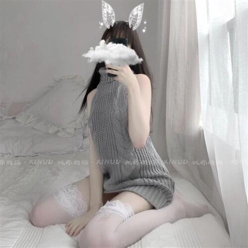 Sexy Backless Women Sweaters Grey Turtleneck Sleeveless Long Virgin Killer Cow Cosplay Costumes Japanes Knitted and Pullovers