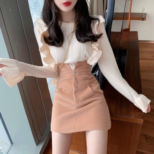 2021 New Autumn Winter Korean Chic Mujer Round Neck Ruffle Knit Sweater + High Waist Slim Skirt Women Set Y378