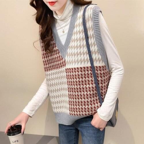 Knit Sweater Vest For Women 2021 Korean Style Vintage Geometric Plaid Color Patchwork V Neck Sleeveless Pullover Waistcoat T651