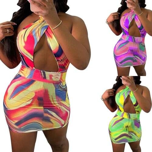 Women Fashion Tie-dye Print Skinny Dress Sexy Hollow Out Halter Bandage Backless Short Dress Yellow Purple Green