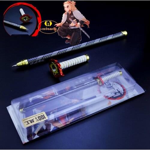 200mm Kimetsu No Yaiba Mugen Train Flame Hashira Nichirin Pen Props Anime Demon Slayer Kyojuro Rengoku Katana Shape Pen Gift