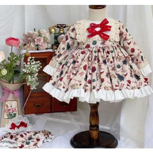 3PCS Autumn Winter Vintage Spanish Princess Lolita Turkey Long Sleeve Dress Christmas Birthday Party Bow Ball Gown Dress 0-7Y