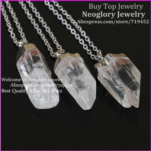 5pcs Nature White Crystal Quartz Point Pendant with silver Brass Chain Silver Plated Foil Top/Bail Druzy Quartz Pendant Necklace