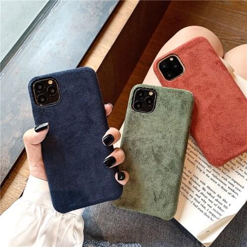 Solid Color Suede Cloth Case For iPhone 11 Pro Max XS 12 Pro Mini X XR 6 6S 7 8 Plus Soft Silicone Warm Plush Furry Fabric Cover