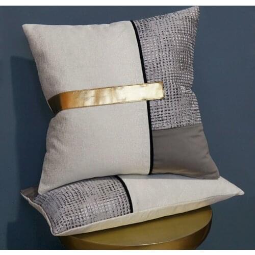 DUNXDECO Cushion Cover Decorative Pillow Case Modern Simple Geometric Jacquard Grey Gold PU Patchwork Art Sofa Chair Coussin