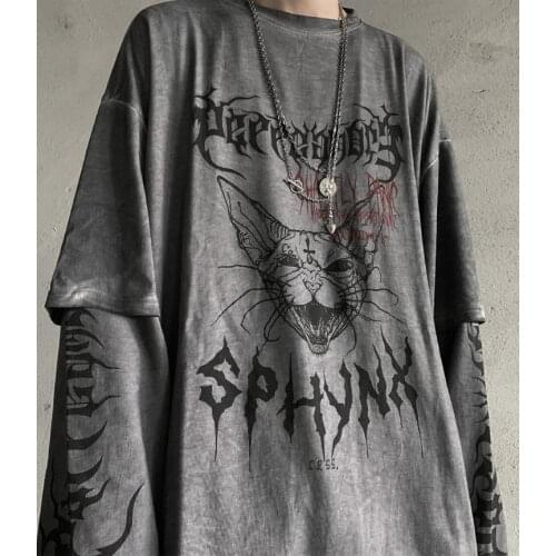 HOUZHOU Gothic Animal Print T Shirt Streetwear Punk Harajuku Summer Tops Tees Spring Long Sleeve High Street Loose Cat T-Shirt