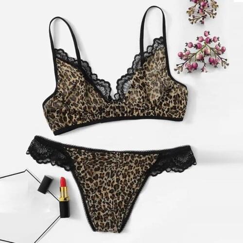New Fashion Womens Bra Set Sexy Lace Leopard Print Bra With Thong Ladies Push Up Polyester Bra Lingerie Set Plus Size S-2XL