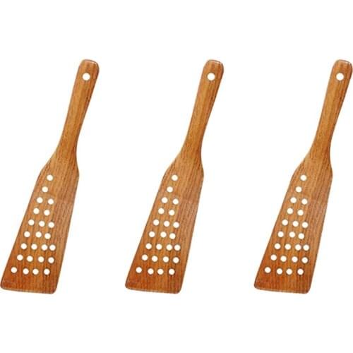 3 Pcs Wood Filter Spatula,24 Holes Filter Non-Stick High Heat Resistance Shovel with Long Handle,Frying Steak Shovel
