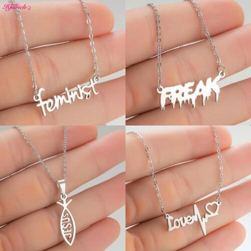 Gothic Stainless Steel Word Necklaces Women Men Artistic Font Freak Love Feminist Gross Angel Jesus Letter Necklace Best Gift