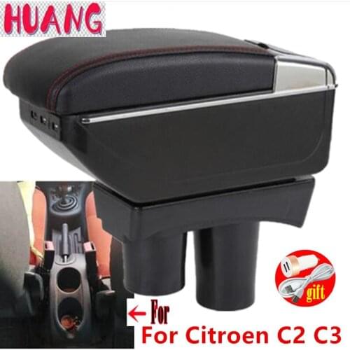 For Citroen C3 Armrest Box For Citroen C3 Car Armrest Storage Box Cup Holder Modification Accessorissories with USB LED