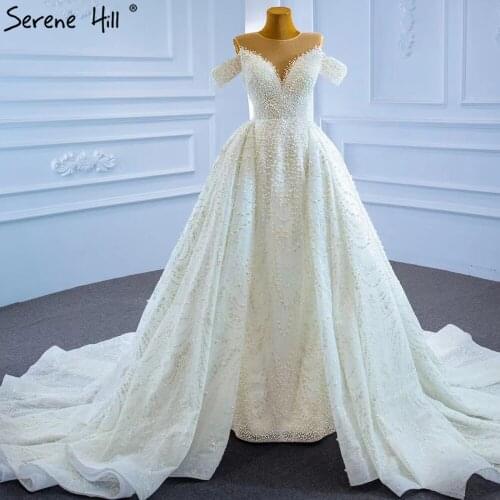 Serene Hill White Luxury Overskirt Wedding Dresses 2021 Mermaid Beaded Pearls Lace Up Bridal Dress HM67264 Custom Made