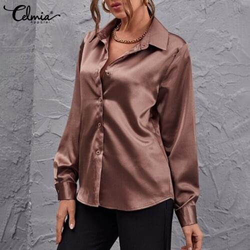 Oversized Tops Celmia 2021 Autumn Long Sleeve Button Up Vintage Satin Blouse Elegant Office Lady Shirt Laple Casual Solid Blusas