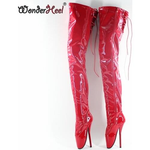 Wonderheel New 18cm heel Extreme high Heel sexy black patent women thigh high boots lace up at back crotch ballet boots