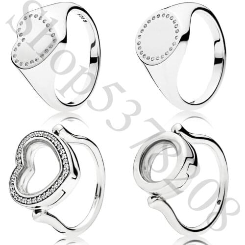 925 Sterling Silver Sparkling Heart Circle Signet Floating Locket Fashion Ring For Pandora Women Bead Charm Gift DIY Jewelry