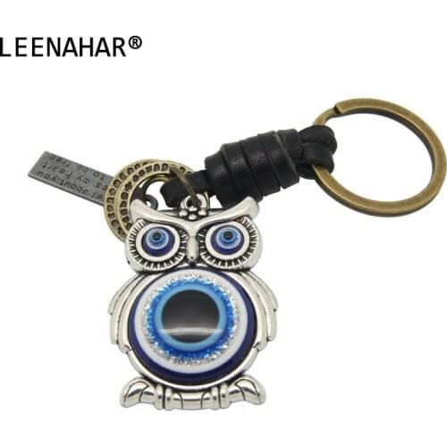 1PC Religious Evil Eye Keychain Pendant Car Key & Keyring Silver Color Deep Blue Owl Animal Women Bag Hanging Accessories