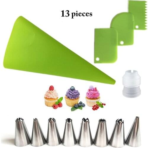 13Pcs/Set Silicone Pastry Bag Tips Kitchen Cake Icing Piping Cream Cake Decorating Tools Reusable Pastry Bag Scraper 8Nozzle Set