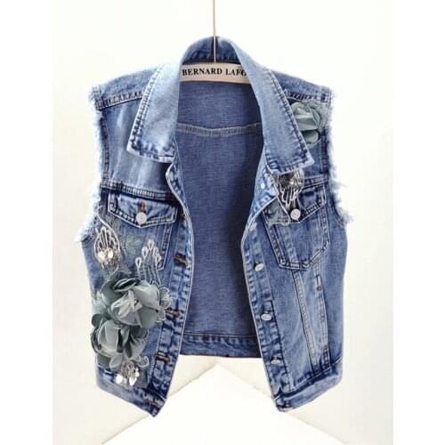 2021 Summer Vest Lady Slim Short Paragraph Jacket Embroidery Flowers Sleeveless Denim Vest Womens Waistcoat Jeans Vest Jacket