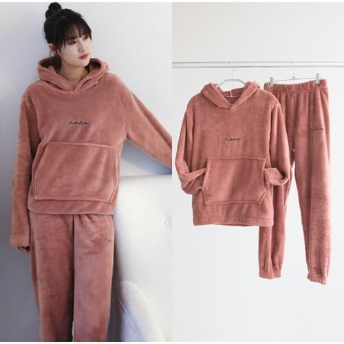 2021Winter Flannel Pajama Set Womens Fleece Pajamas Sleepwear Home Clothing Thick Warm Coral Velvet Hooded Nightgown Suit Pajama