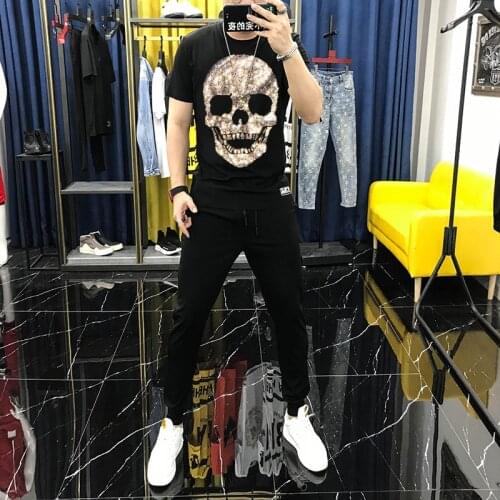 Shiny Slim Short Sleeve Hip Hop Skull Pattern Mens Sets Top Quality Track and Field Suit Brand Hot Rhinestone T-Shirt
