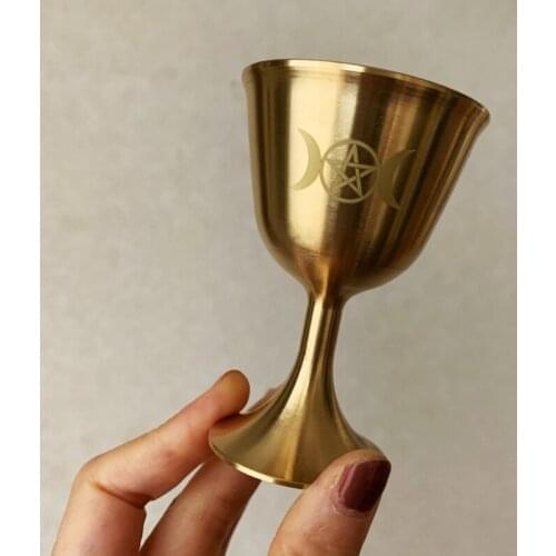QX2E Ritual Cup Altar Goblet Wicca Gold Plating Brass Ceremony Moon Divination Prop