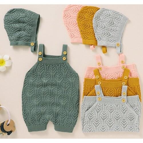 Baby Knitted Romper Set Infant Baby Boy Girl Clothes Spring Autumn Solid Color Knit Sleeveless Suspender Jumpsuit+Hat 2PCS Set