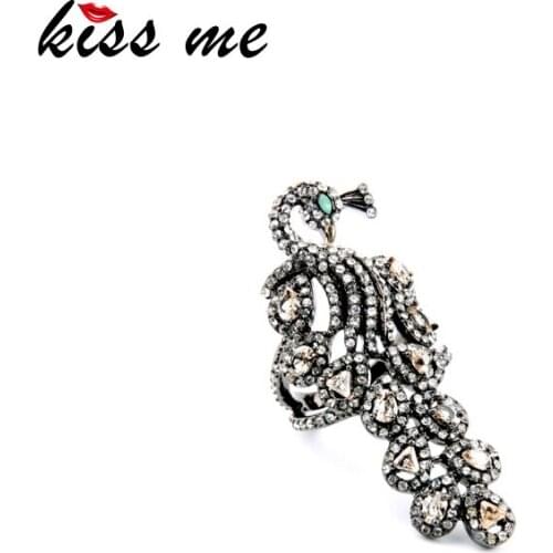 Online Store Unique Alloy Set Crystal Peacock Ring Long Finger Rings for Women Factory Wholesale