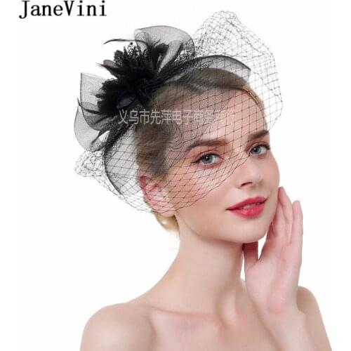 JaneVini White Bridal Hat with Short Veil Net Feather Fascinator Hats Ladies Wedding Cocktail Tea Party Bruids Haaraccessoires
