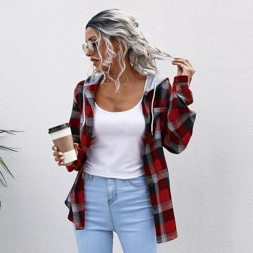 Plaid coats patchwork jackets hooded coat women drawstring lace up long sleeve button up coats streetwear