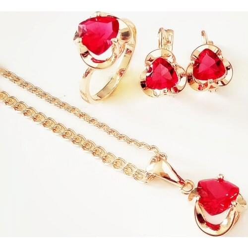 Top Fashion Jewelry Set 585 Rose Gold Color Bridal Jewelry Trendy Heart Red Cubic Zircon Necklace Earrings Wedding Jewelry Sets