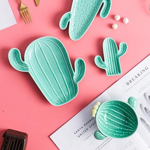 Creative Cactus Ceramic Plate Snack Dessert Plate Fruit Bowl Saucer Dish Jewelry Storage Tray Decorative Trinket Dish Green